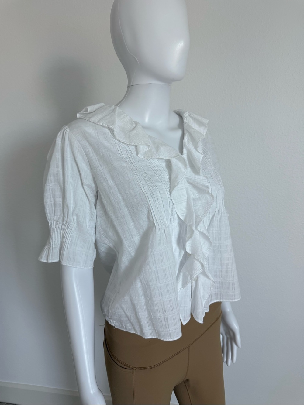 Madewell White Button Up Ruffle Front Short-Sleeve Blouse